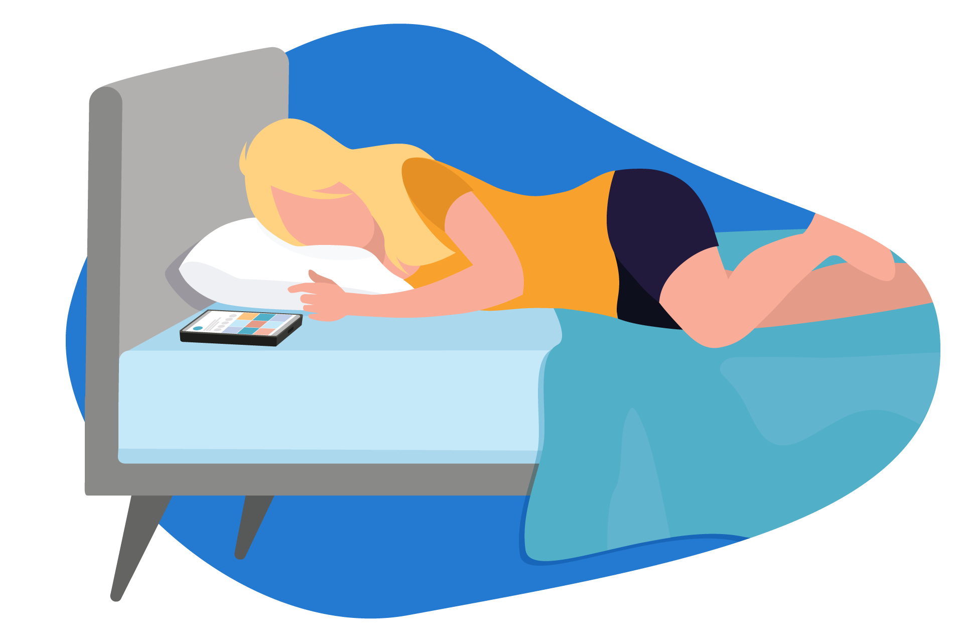 Desenho de uma mulher deitada na cama ao lado de um dispositivo eletrônico.